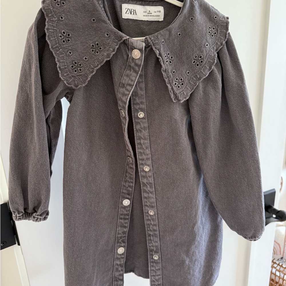 Zara Charcoal Button-Up Dress with Eyelet Collar